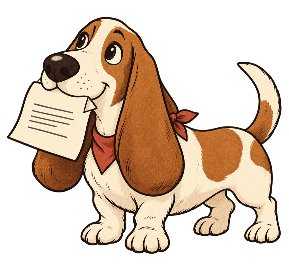 Paperhound, a cheerful long-eared hound in a red neckerchief, proudly fetching an academic paper.